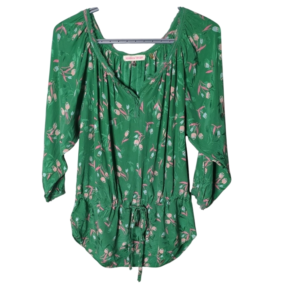 Rebecca Taylor 100% Silk Cinched Tie Waist Blouse‎ Green Floral Size 10